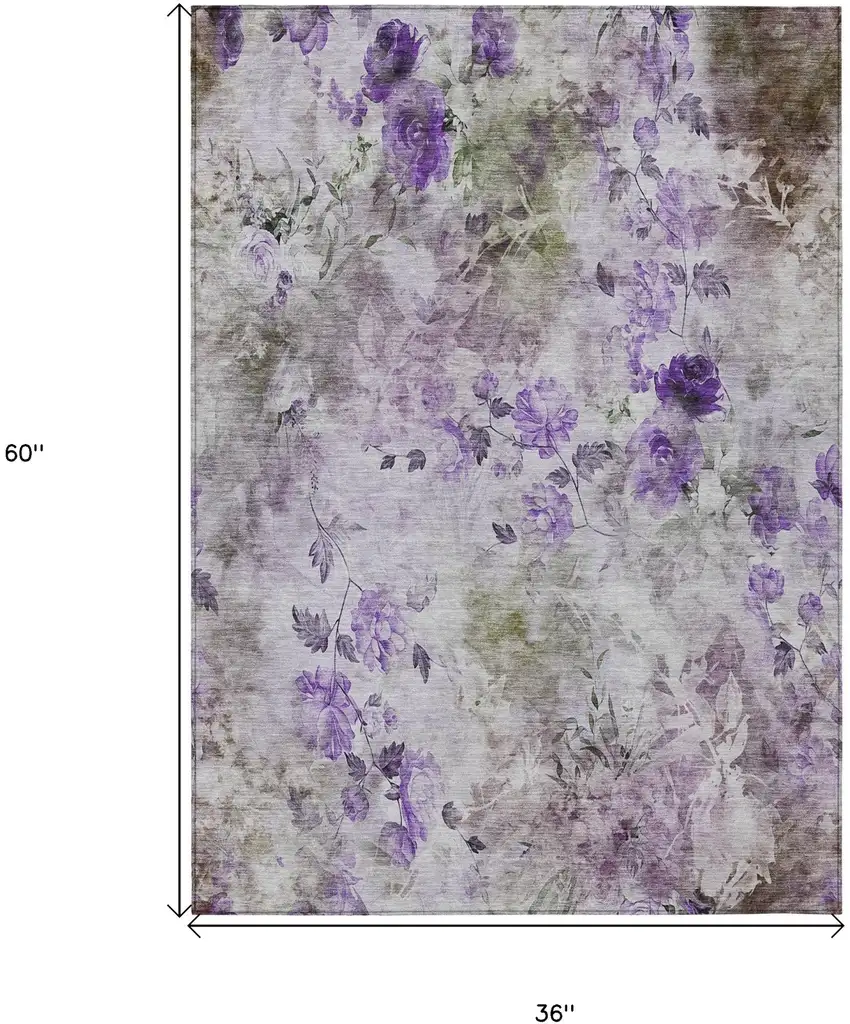 Purple Lavender And Artichoke Green Floral Washable Indoor Outdoor Area Rug Photo 8