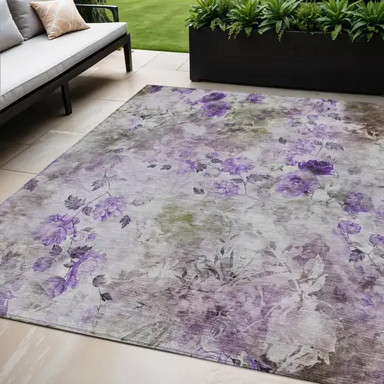 Purple Lavender And Artichoke Green Floral Washable Indoor Outdoor Area Rug Photo 1