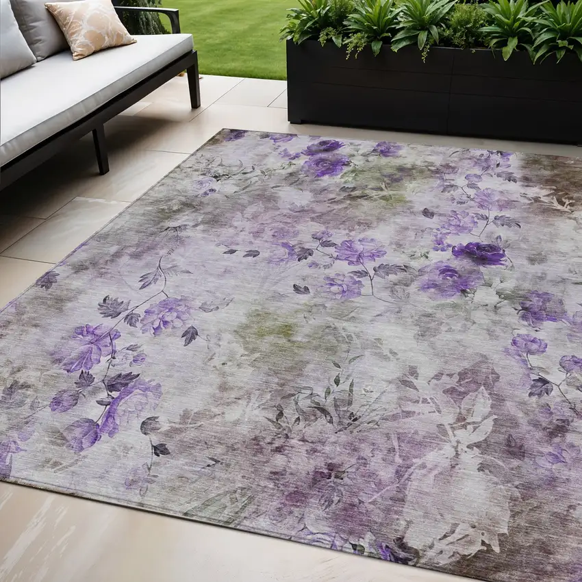 Purple Lavender And Artichoke Green Floral Washable Indoor Outdoor Area Rug Photo 1