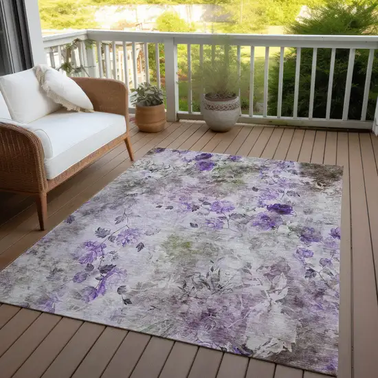 Purple Lavender And Artichoke Green Floral Washable Indoor Outdoor Area Rug Photo 7