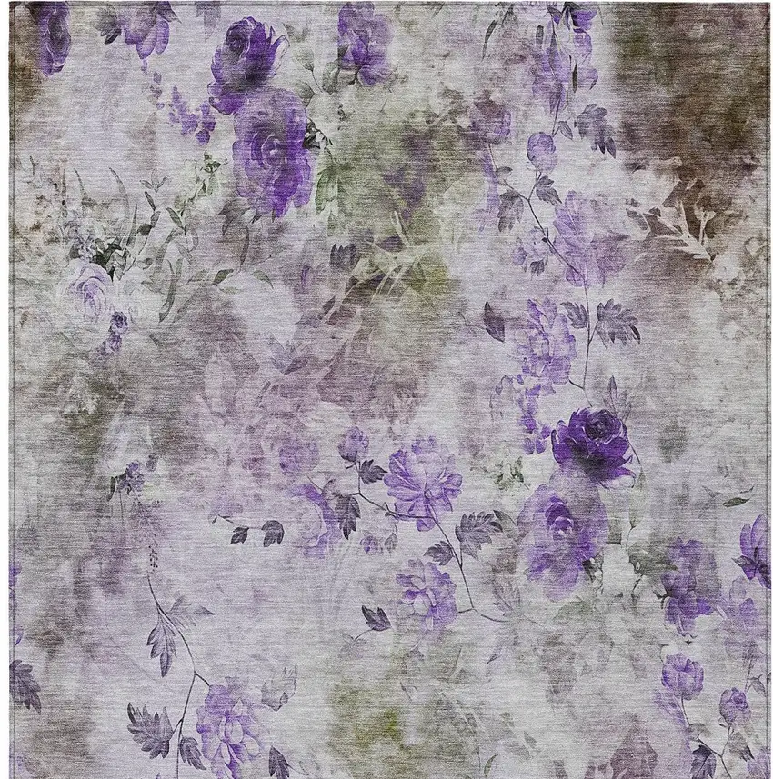 Purple Lavender And Artichoke Green Floral Washable Indoor Outdoor Area Rug Photo 5