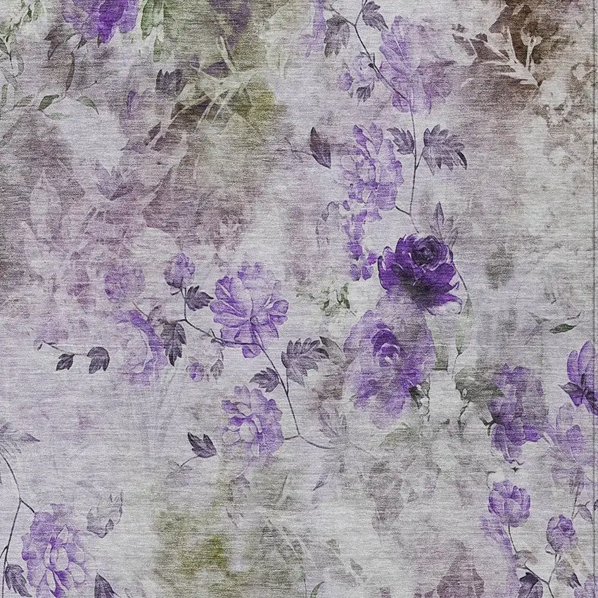 Purple Lavender And Artichoke Green Floral Washable Indoor Outdoor Area Rug Photo 6