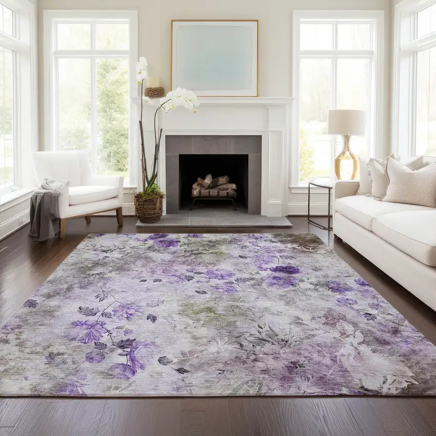 Purple Lavender And Artichoke Green Floral Washable Indoor Outdoor Area Rug Photo 9