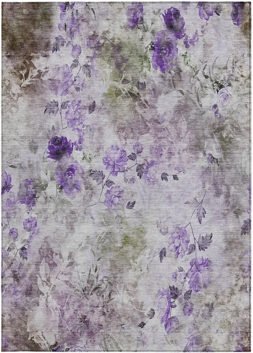 Purple Lavender And Artichoke Green Floral Washable Indoor Outdoor Area Rug Photo 7