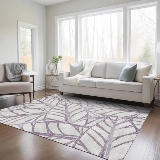 Purple Lavender And Beige Floral Washable Indoor Outdoor Area Rug Photo 8
