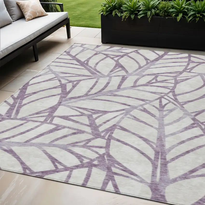 Purple Lavender And Beige Floral Washable Indoor Outdoor Area Rug Photo 1