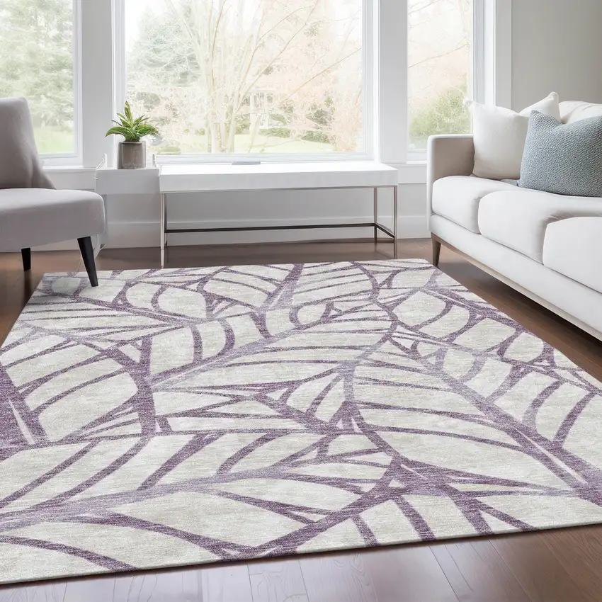 Purple Lavender And Beige Floral Washable Indoor Outdoor Area Rug Photo 7