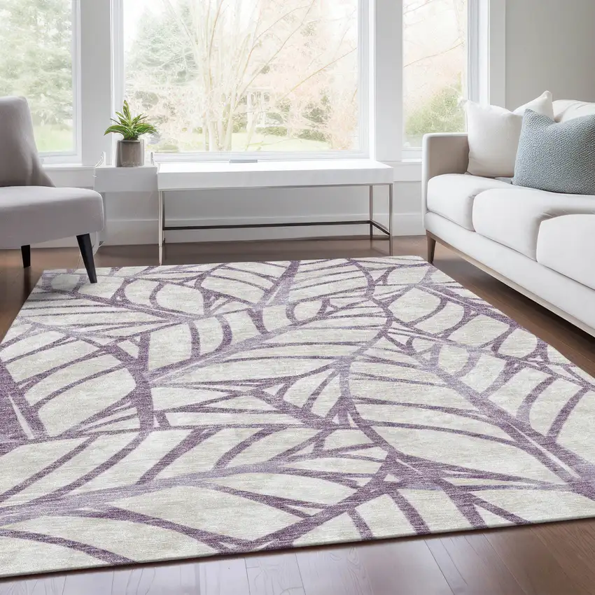 Purple Lavender And Beige Floral Washable Indoor Outdoor Area Rug Photo 6