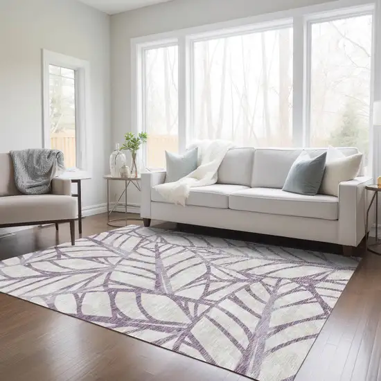 Purple Lavender And Beige Floral Washable Indoor Outdoor Area Rug Photo 8