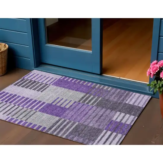 Purple Lavender And Eggplant Striped Washable Indoor Outdoor Area Rug Photo 1