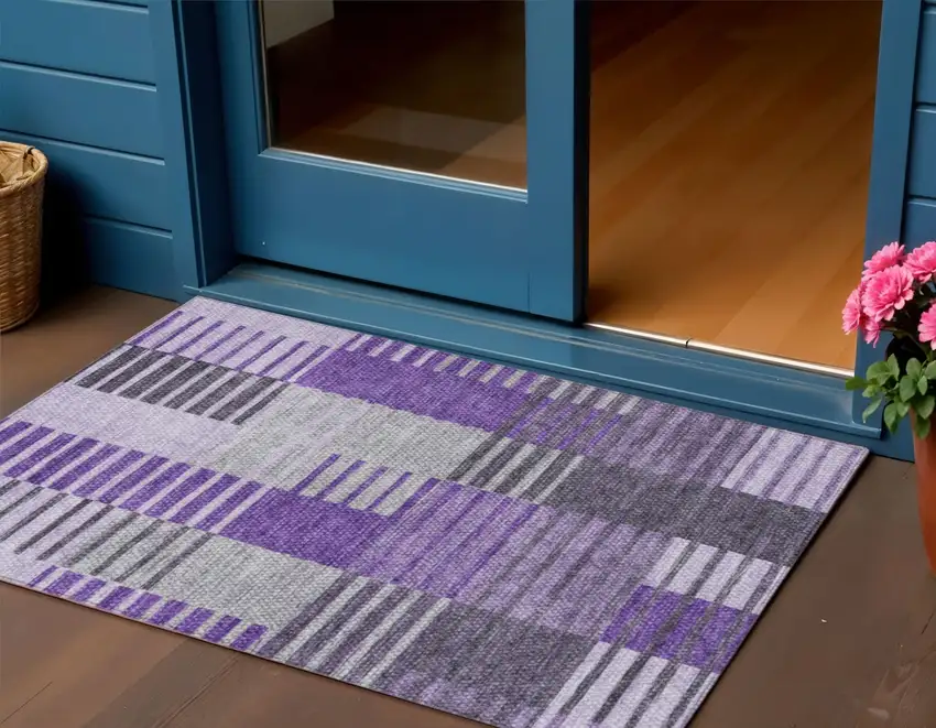 Purple Lavender And Eggplant Striped Washable Indoor Outdoor Area Rug Photo 1