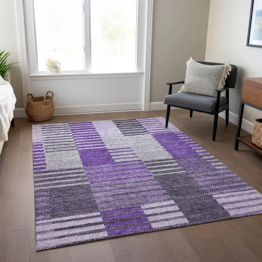 Purple Lavender And Eggplant Striped Washable Indoor Outdoor Area Rug Photo 8