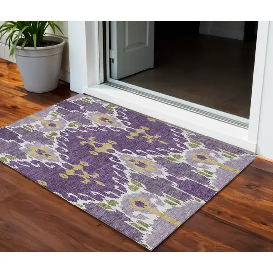 Purple Lavender And Gold Ikat Washable Indoor Outdoor Area Rug Photo 1