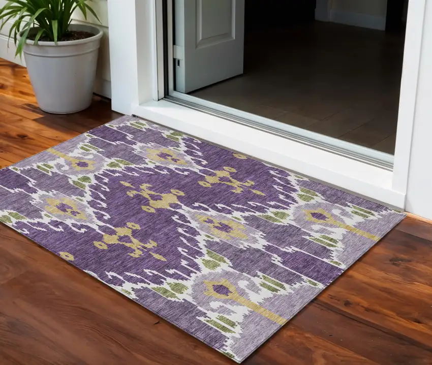 Purple Lavender And Gold Ikat Washable Indoor Outdoor Area Rug Photo 1