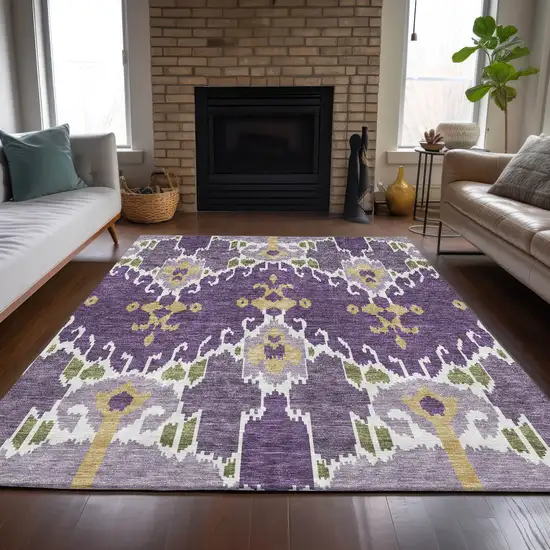 Purple Lavender And Gold Ikat Washable Indoor Outdoor Area Rug Photo 8