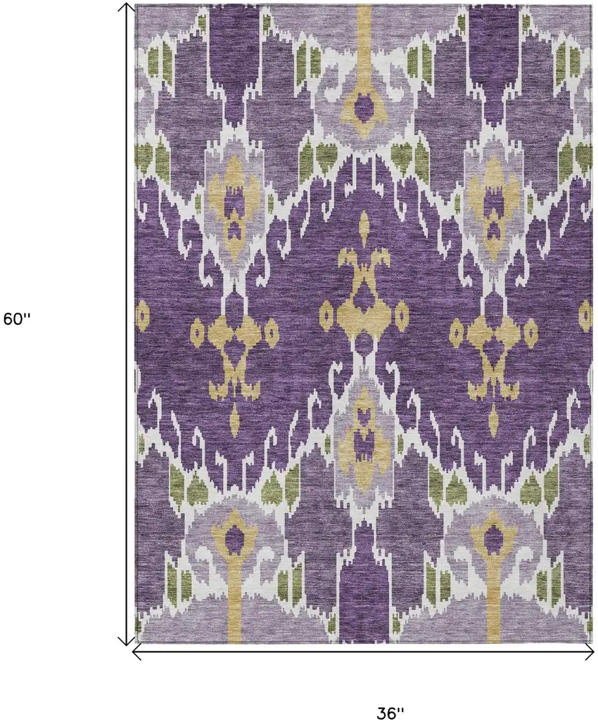 Purple Lavender And Gold Ikat Washable Indoor Outdoor Area Rug Photo 8
