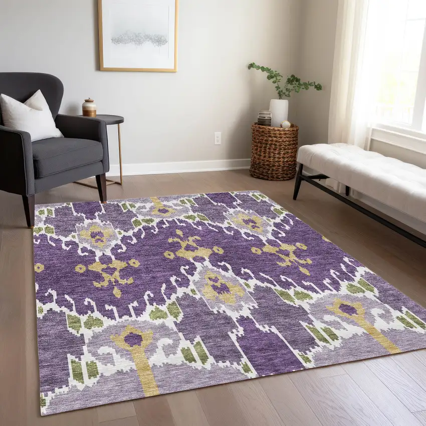 Purple Lavender And Gold Ikat Washable Indoor Outdoor Area Rug Photo 9