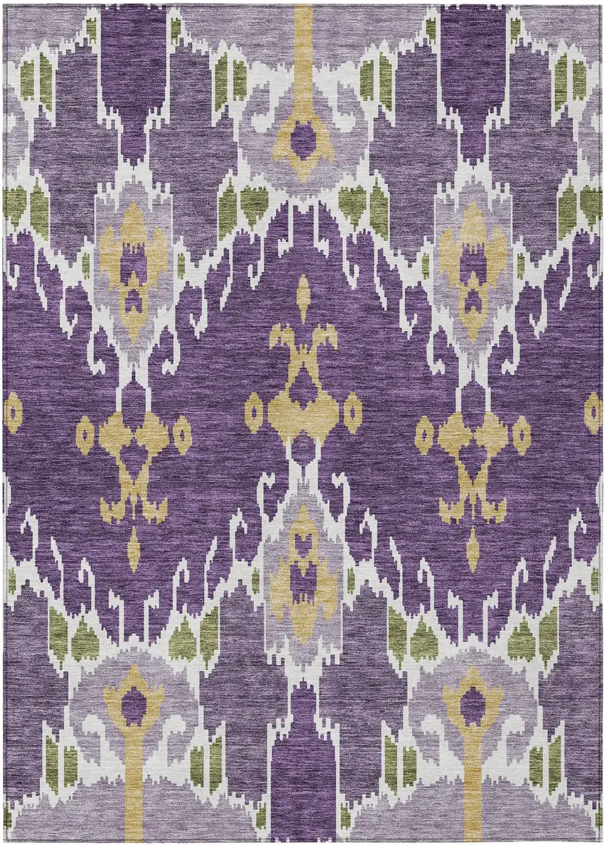 Purple Lavender And Gold Ikat Washable Indoor Outdoor Area Rug Photo 1