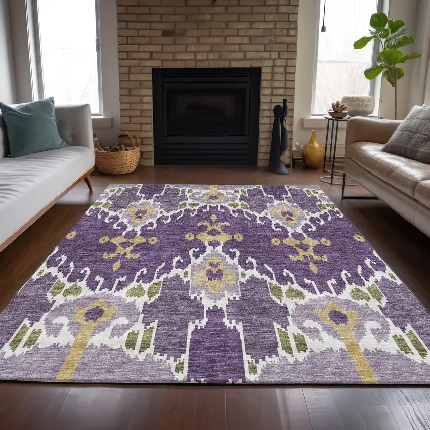 Purple Lavender And Gold Ikat Washable Indoor Outdoor Area Rug Photo 8