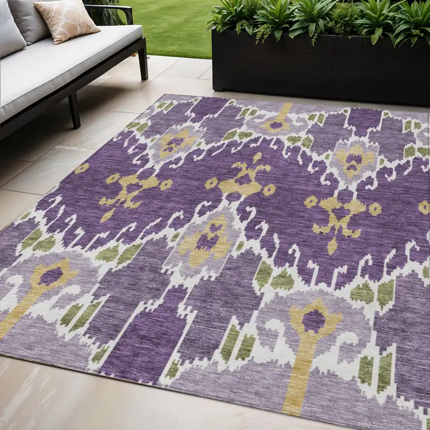 Purple Lavender And Gold Ikat Washable Indoor Outdoor Area Rug Photo 1