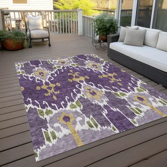 Purple Lavender And Gold Ikat Washable Indoor Outdoor Area Rug Photo 9