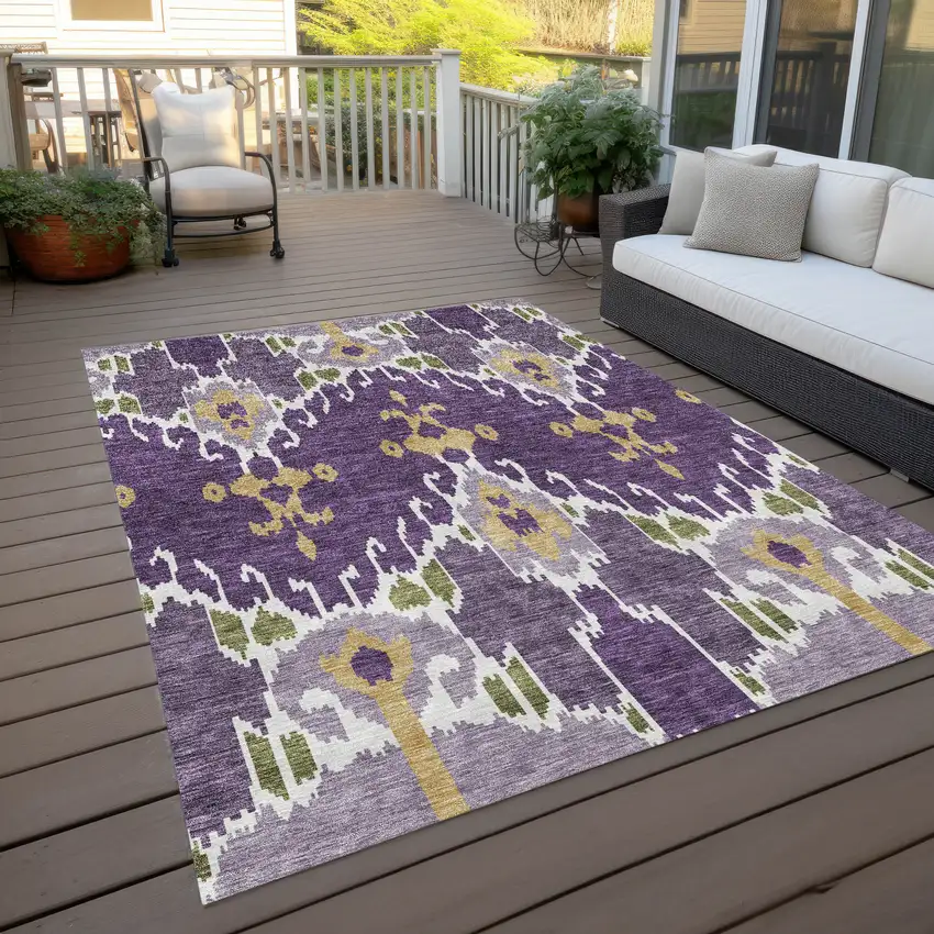 Purple Lavender And Gold Ikat Washable Indoor Outdoor Area Rug Photo 9