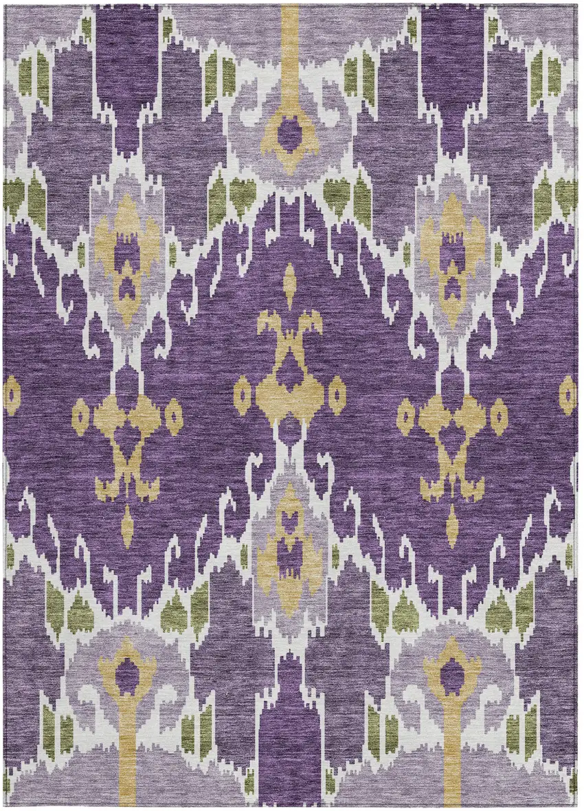 Purple Lavender And Gold Ikat Washable Indoor Outdoor Area Rug Photo 6
