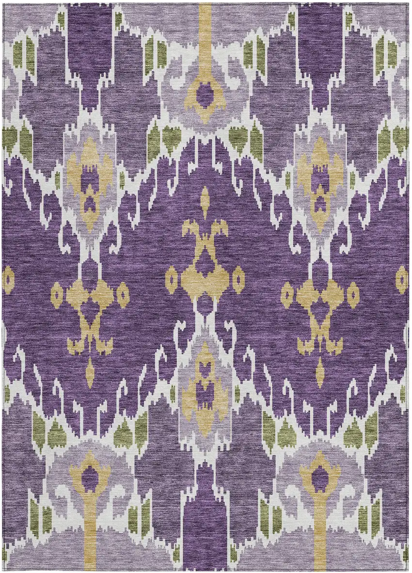 Purple Lavender And Gold Ikat Washable Indoor Outdoor Area Rug Photo 6