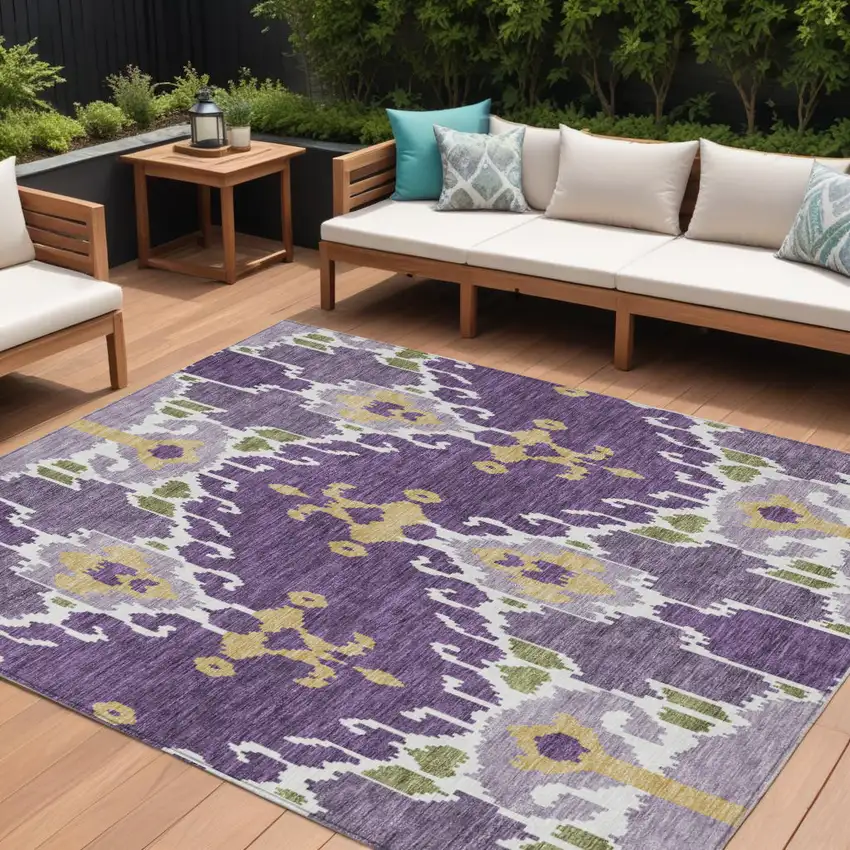 Purple Lavender And Gold Ikat Washable Indoor Outdoor Area Rug Photo 1