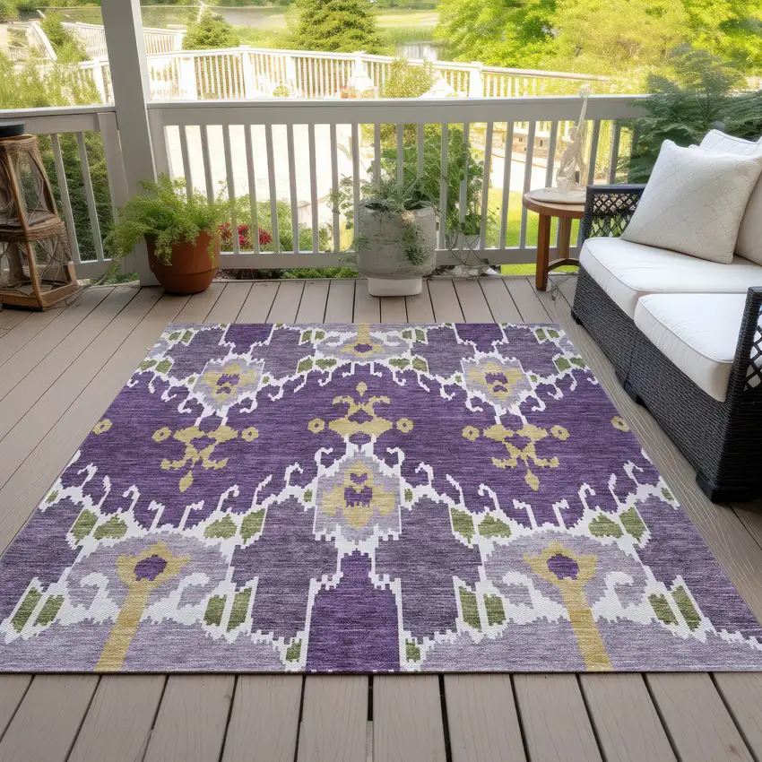 Purple Lavender And Gold Ikat Washable Indoor Outdoor Area Rug Photo 9