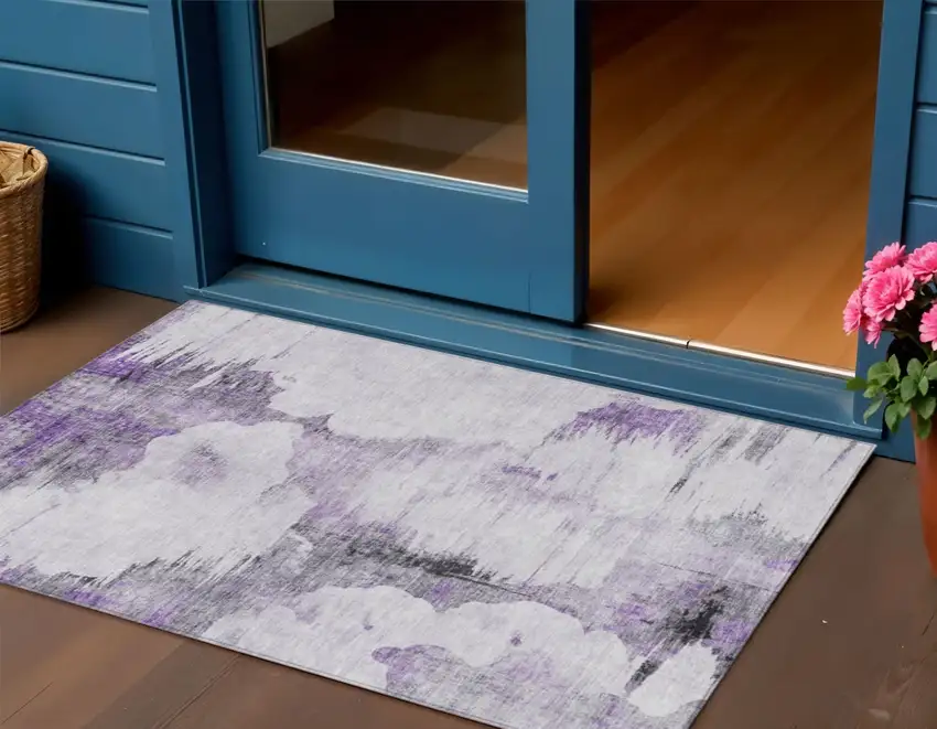 Purple Lavender And Gray Abstract Washable Indoor Outdoor Area Rug Photo 1