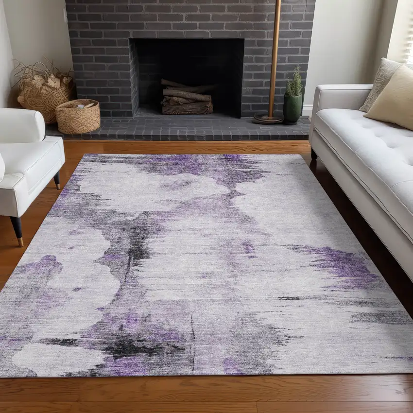 Purple Lavender And Gray Abstract Washable Indoor Outdoor Area Rug Photo 6