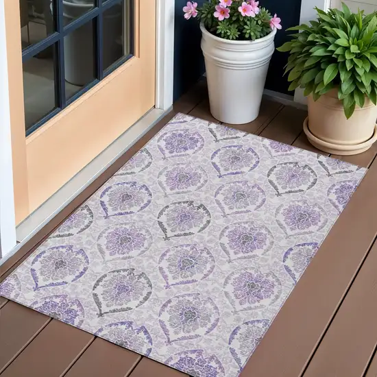 Purple Lavender And Gray Medallion Washable Indoor Outdoor Area Rug Photo 1