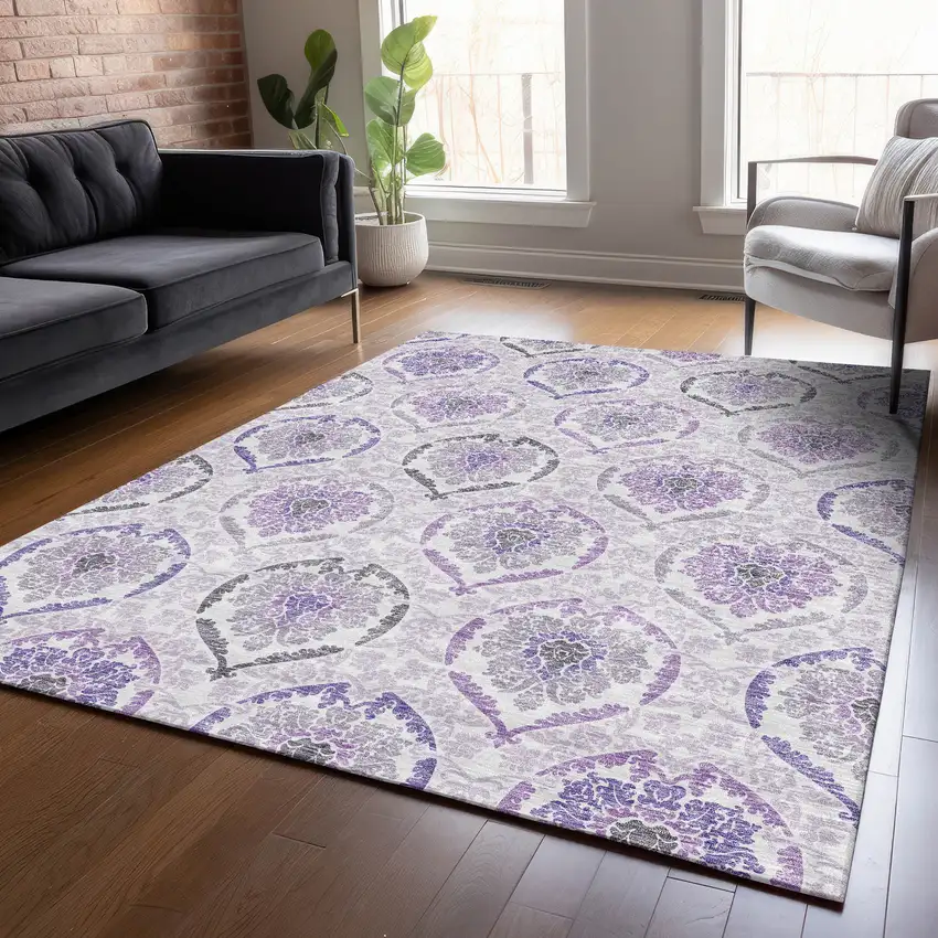Purple Lavender And Gray Medallion Washable Indoor Outdoor Area Rug Photo 8