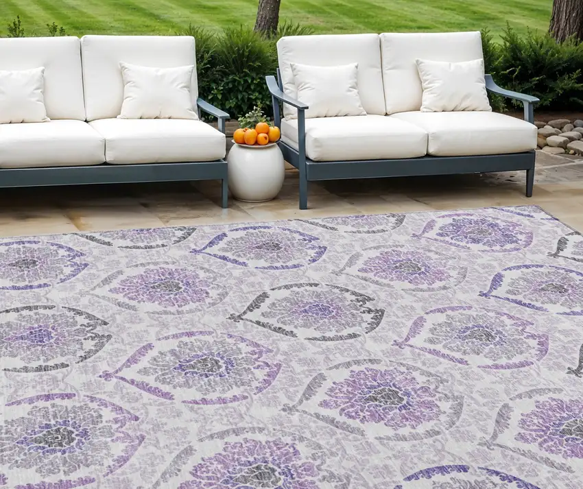 Purple Lavender And Gray Medallion Washable Indoor Outdoor Area Rug Photo 1