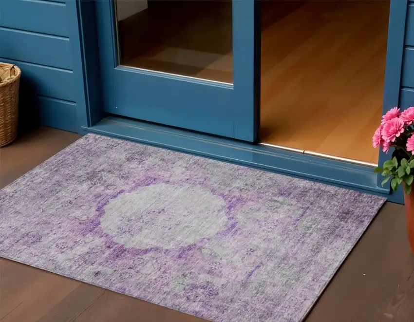 Purple Lavender And Gray Oriental Washable Indoor Outdoor Area Rug Photo 1