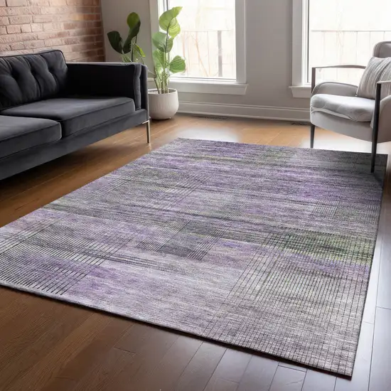 Purple Lavender And Gray Striped Washable Indoor Outdoor Area Rug Photo 9