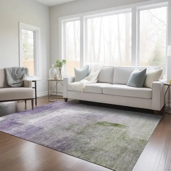 Purple Lavender And Green Abstract Washable Indoor Outdoor Area Rug Photo 9
