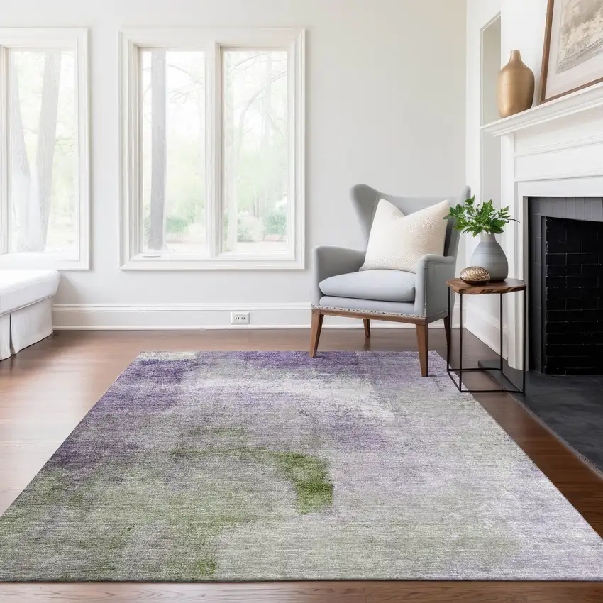 Purple Lavender And Green Abstract Washable Indoor Outdoor Area Rug Photo 9