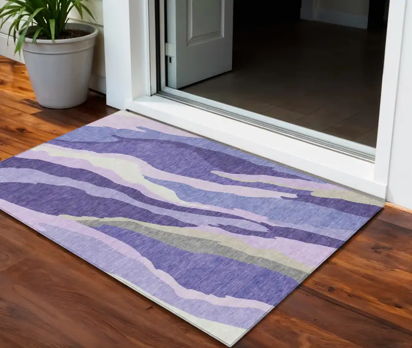 Purple Lavender And Ivory Abstract Washable Indoor Outdoor Area Rug Photo 1