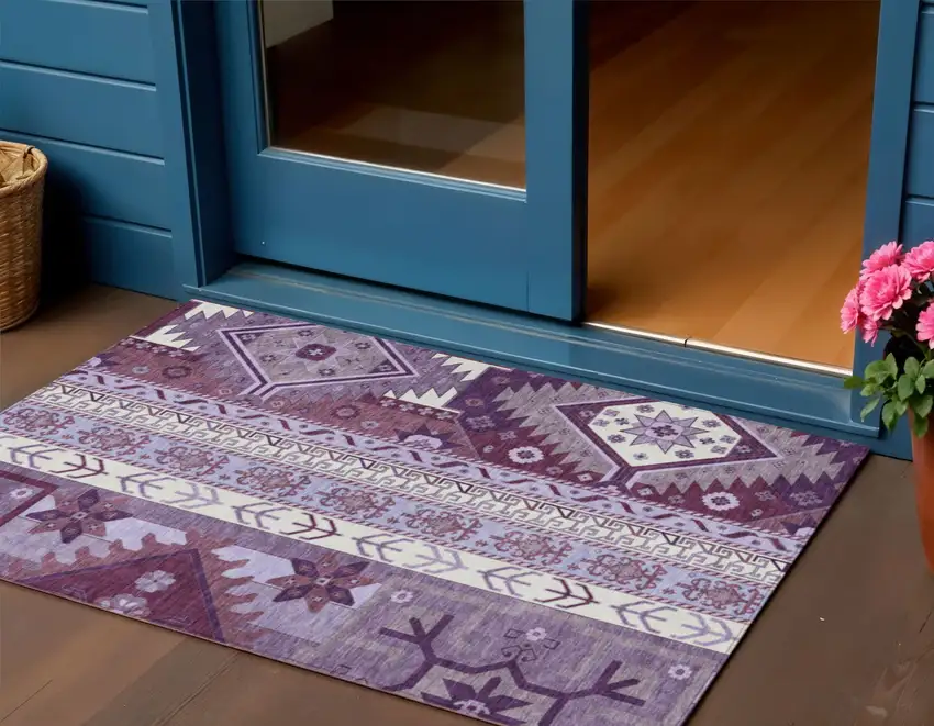 Purple Lavender And Ivory Aztec Washable Indoor Outdoor Area Rug Photo 1