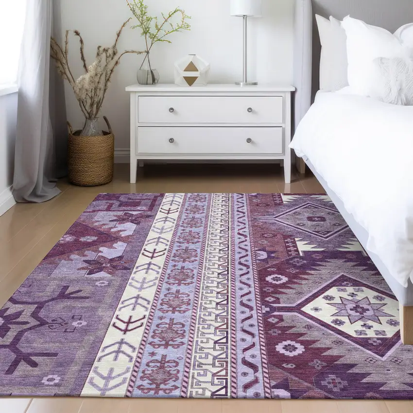 Purple Lavender And Ivory Aztec Washable Indoor Outdoor Area Rug Photo 9