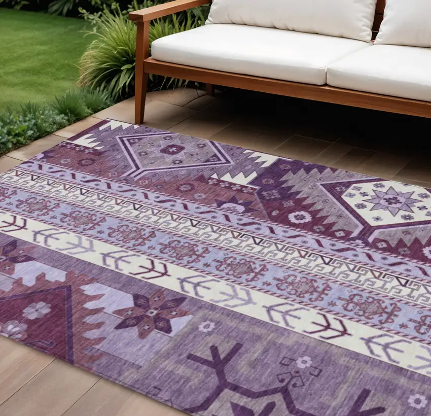 Purple Lavender And Ivory Aztec Washable Indoor Outdoor Area Rug Photo 1