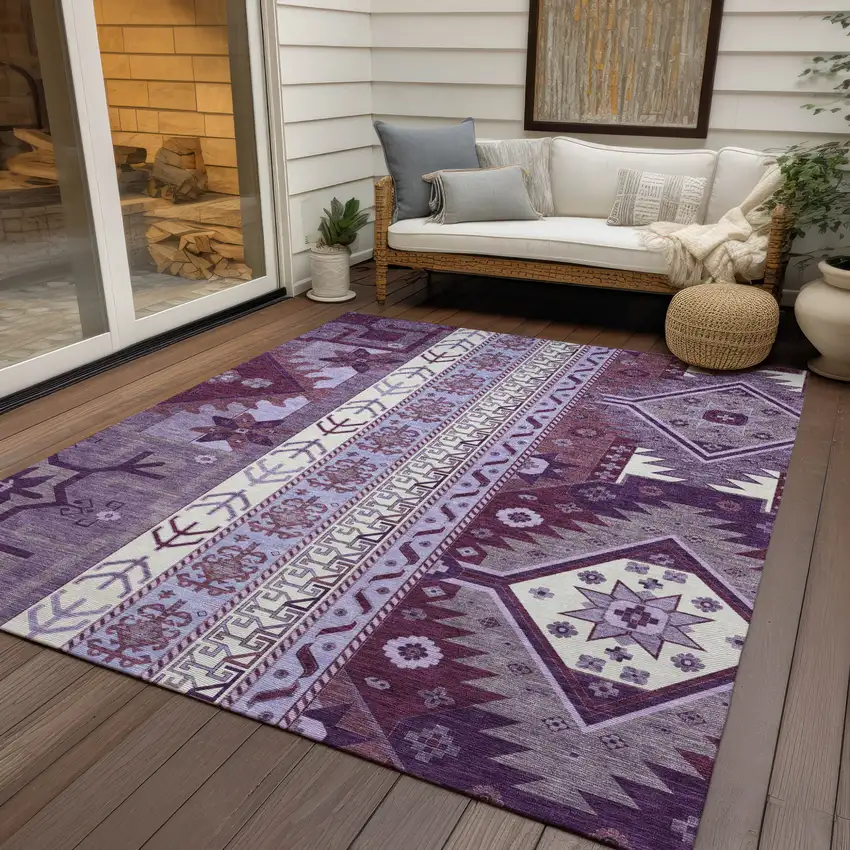 Purple Lavender And Ivory Aztec Washable Indoor Outdoor Area Rug Photo 8