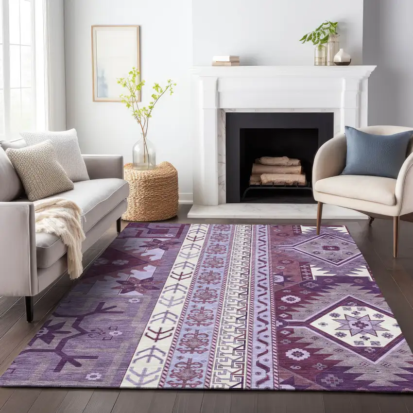 Purple Lavender And Ivory Aztec Washable Indoor Outdoor Area Rug Photo 9