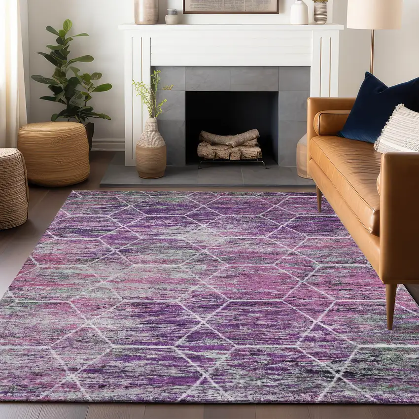 Purple Lavender And Ivory Geometric Washable Indoor Outdoor Area Rug Photo 6