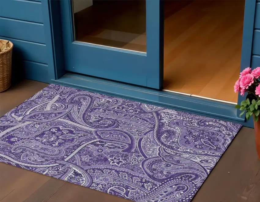 Purple Lavender And Silver Paisley Washable Indoor Outdoor Area Rug Photo 1