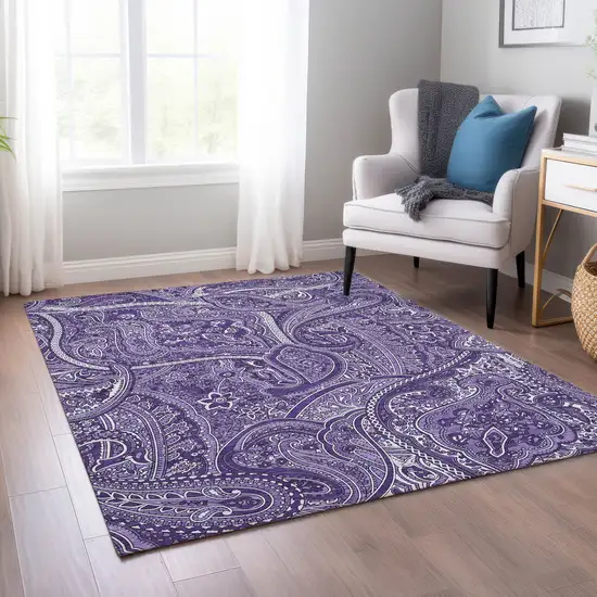 Purple Lavender And Silver Paisley Washable Indoor Outdoor Area Rug Photo 8