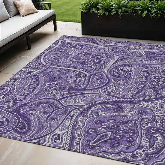 Purple Lavender And Silver Paisley Washable Indoor Outdoor Area Rug Photo 1