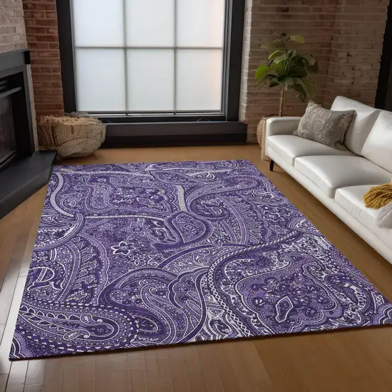 Purple Lavender And Silver Paisley Washable Indoor Outdoor Area Rug Photo 9